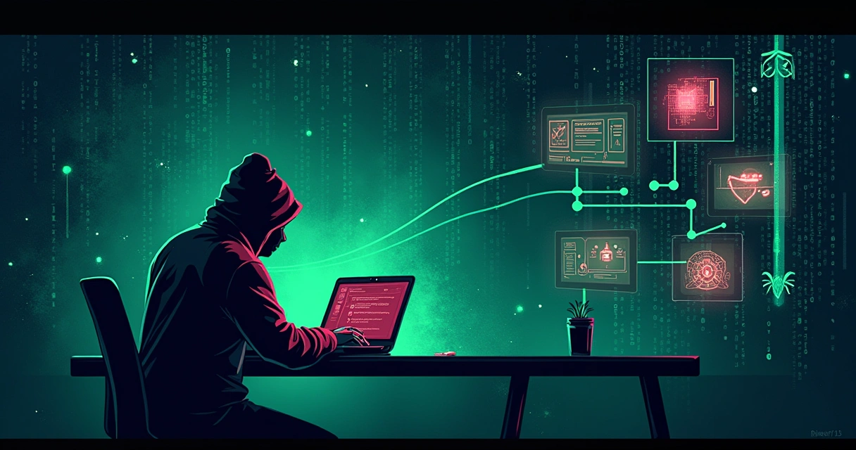 Ilustração de um ataque cibernético com etapas visuais e elementos de segurança digital.
