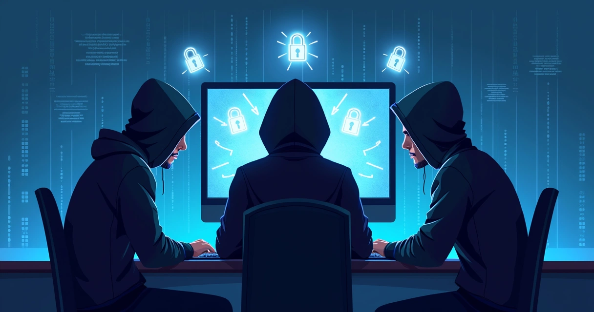 Ilustração de ataque cibernético com vários hackers ao redor de um computador 