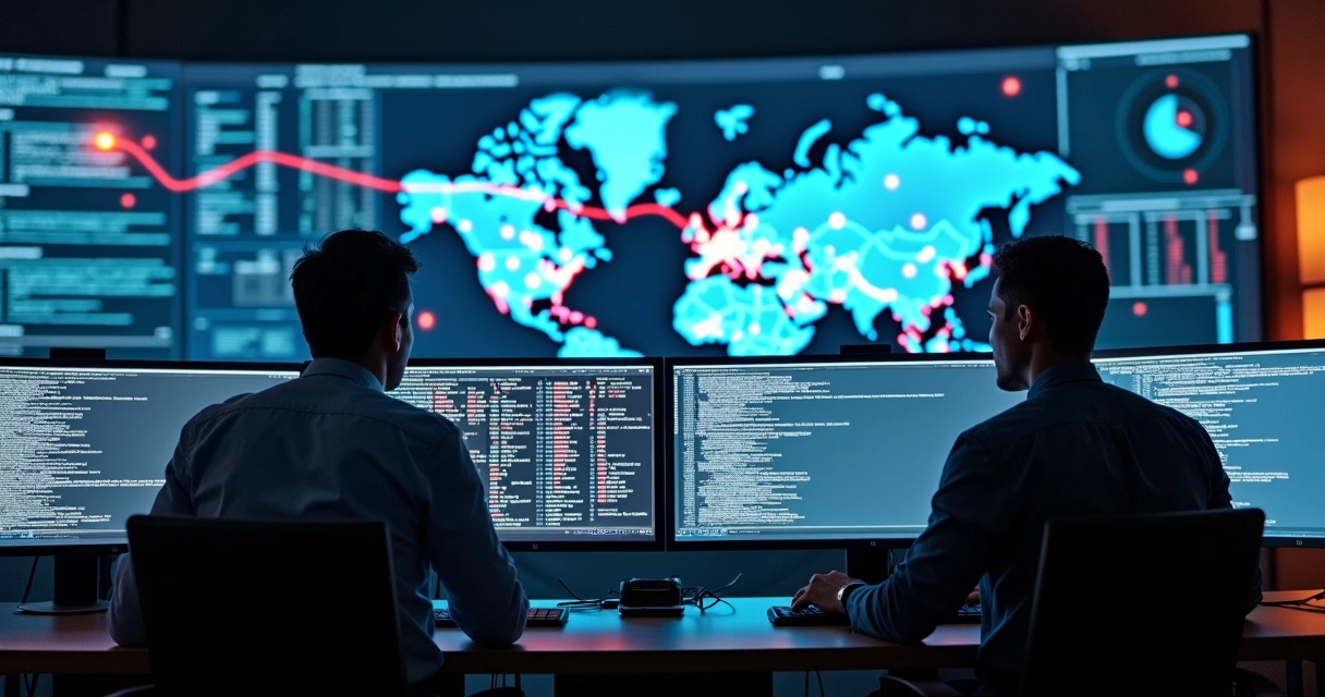 Operadores de segurança em frente a múltiplos monitores analisando tentativas de ataque 