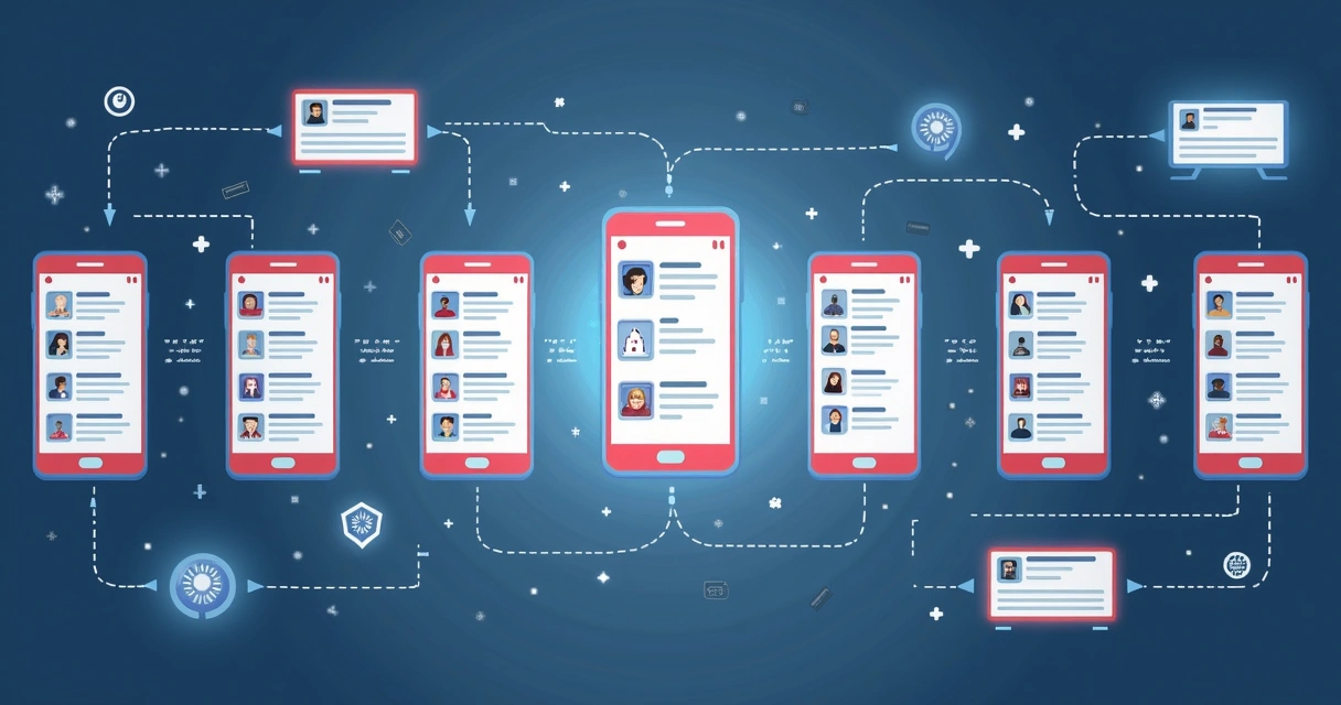 Ilustração mostra vários celulares conectados e interagindo automaticamente com perfis políticos em uma rede social, simulando grande engajamento. 
