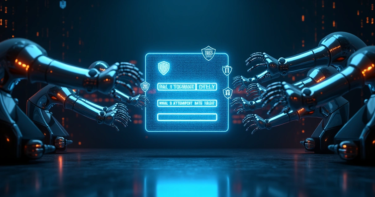 Tela de login cercada por bots e escudo digital protegendo o sistema 