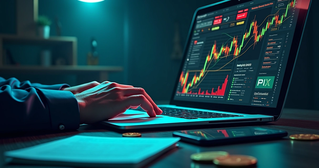 Ilustração de mãos digitando em computador com telas mostrando gráficos financeiros e códigos 