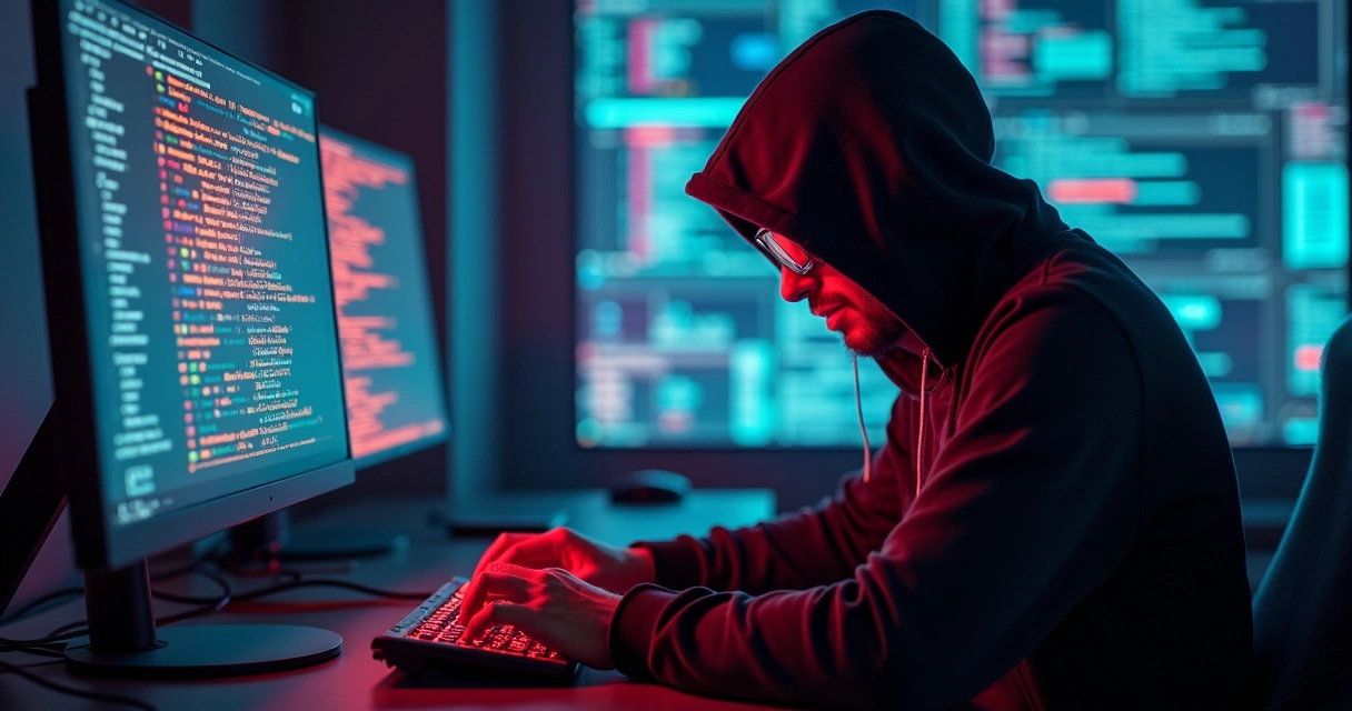 Tela de computador exibindo alerta de ataque hacker no sistema Pix com gráficos financeiros e código binário ao fundo 