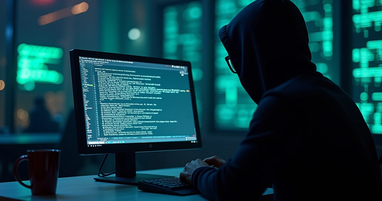 Computador com tela exibindo códigos e alertas de segurança em ambiente escuro, simbolizando ataque hacker 
