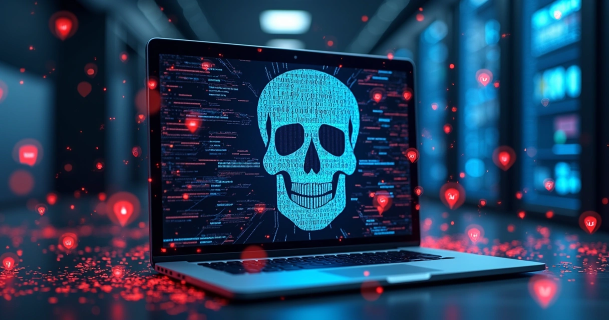 Representação digital de endpoint sendo atacado por ransomware IA 