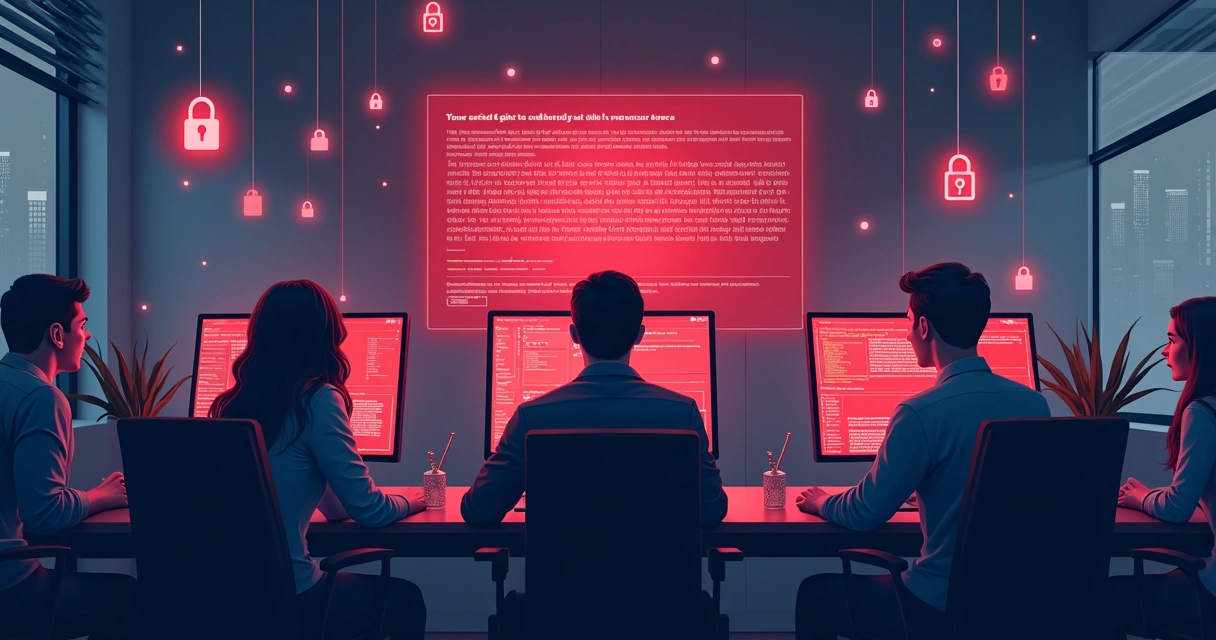 Representação visual de um ataque de ransomware em um escritório moderno 