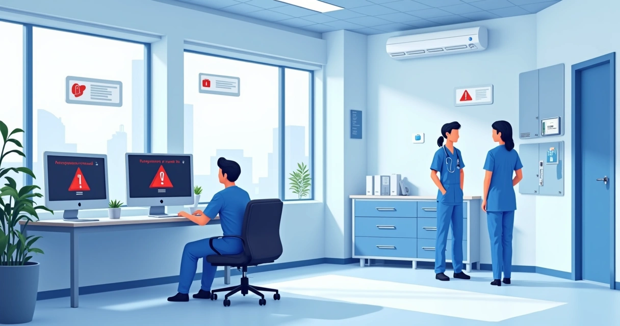 Sala de hospital com computadores bloqueados
