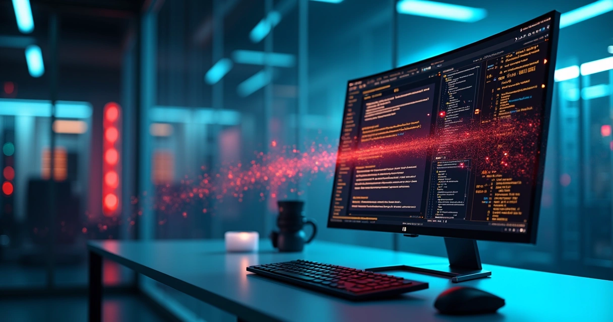 Representeção visual de servidor controlando interface de IA com fluxo de dados saindo em cadeia 