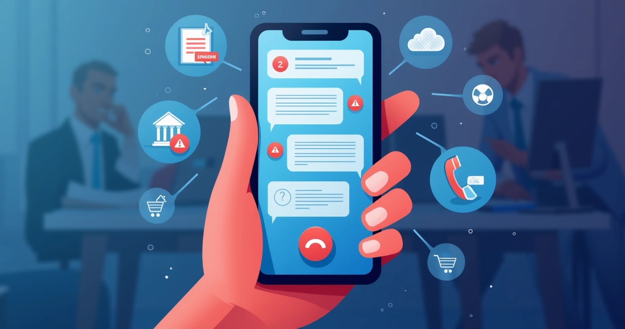 Ilustração de um smartphone recebendo mensagens e ligações fraudulentas