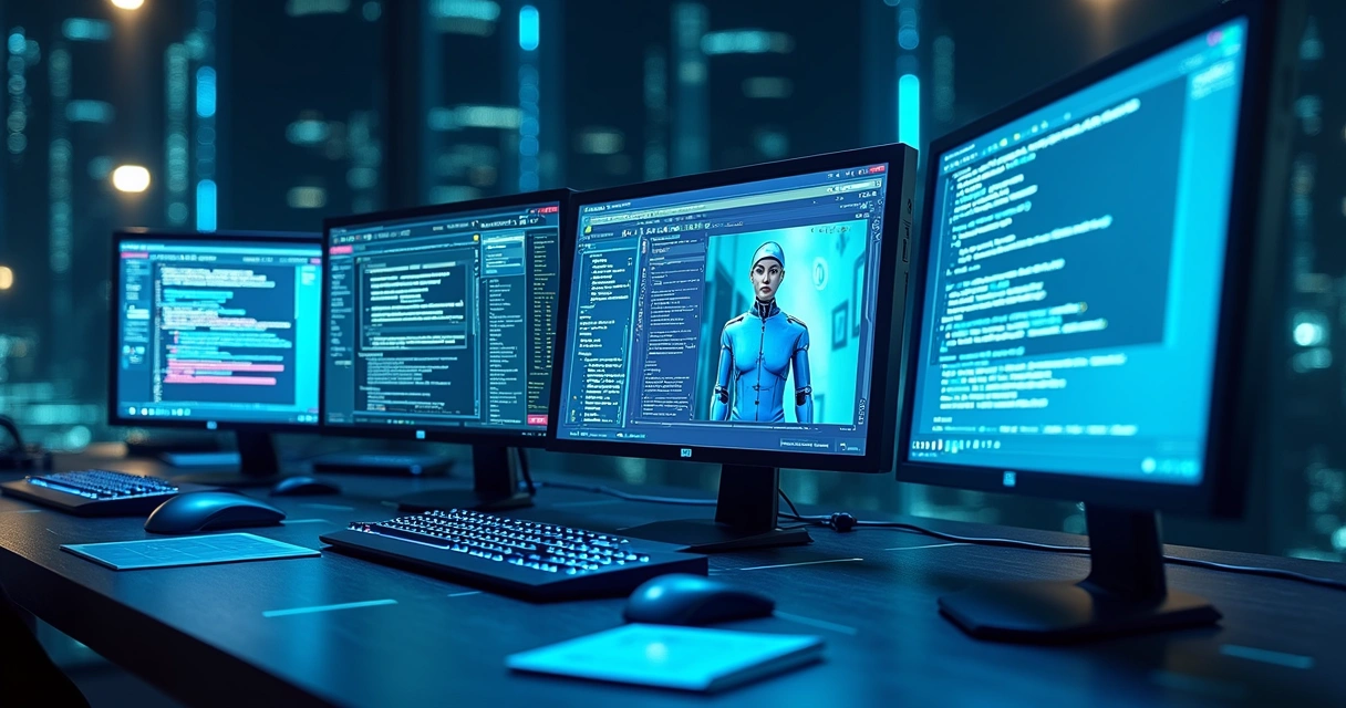 Representação visual de ataques de phishing futuristas com IA, incluindo deepfakes e comunicação digital simulada 