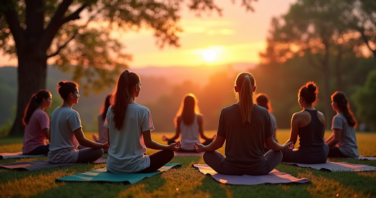 Personas meditando al atardecer bajo un cielo cálido.