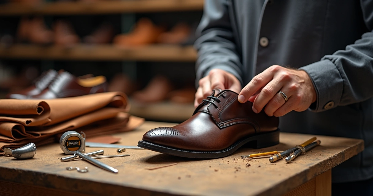 Artesão trabalhando em sapato masculino de couro em bancada de ateliê 