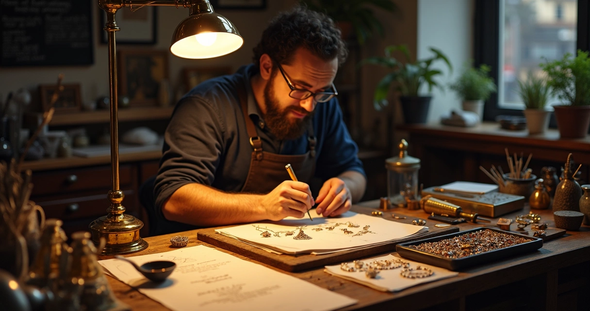 Joalheiro trabalhando em bancada com pedras preciosas e ferramentas 