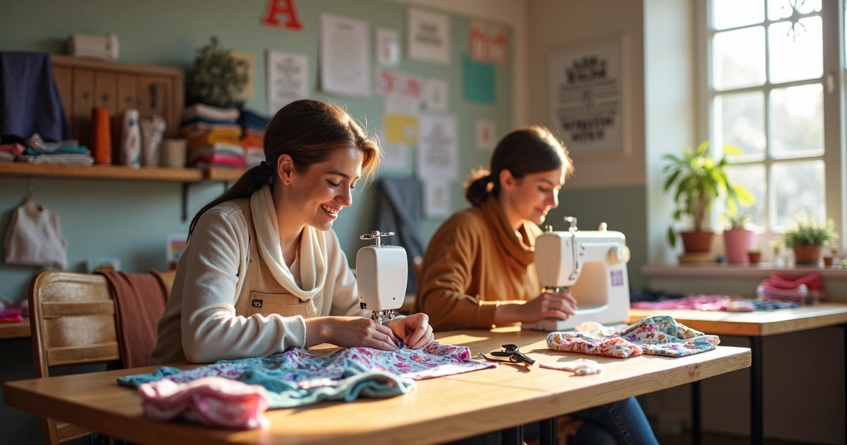 Mulheres costurando peças sustentáveis em atelier do Paraná