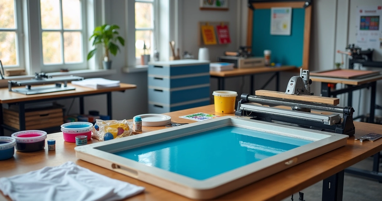 Mesa de serigrafia organizada com equipamentos coloridos em estúdio moderno 
