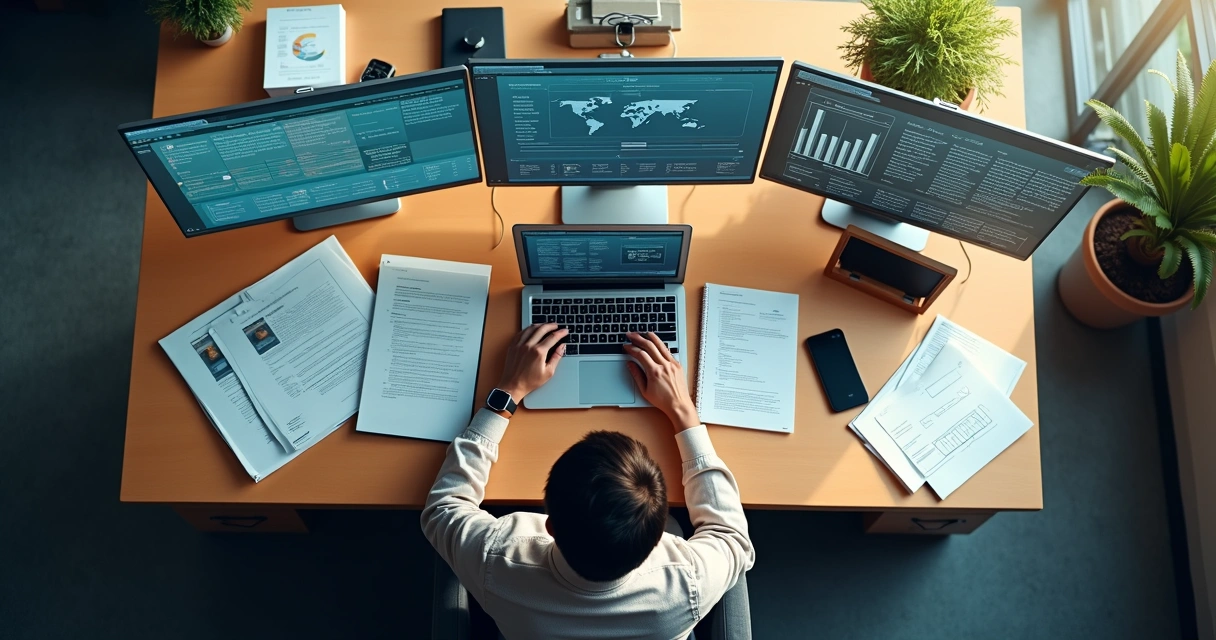 Pessoa trabalhando no computador, anotando em caderno e conversando por telefone ao mesmo tempo 