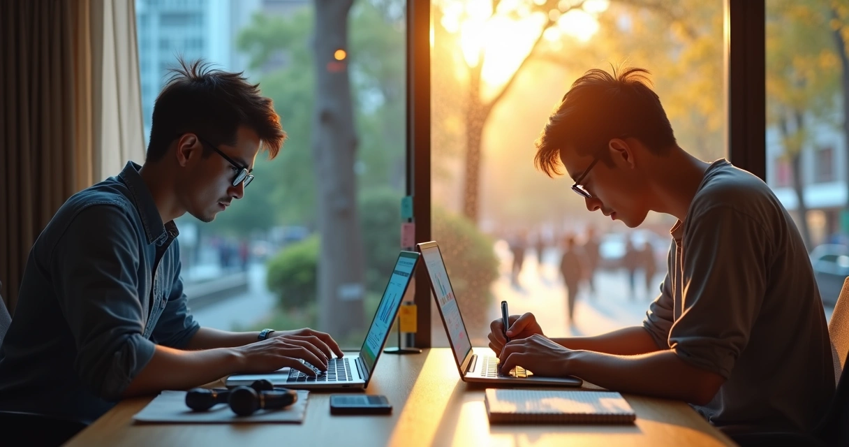 Pessoa sentada à janela com metade do rosto concentrada em tela e metade calma olhando a paisagem 
