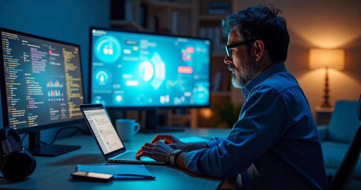 Pessoa em frente a várias telas tentando se concentrar 