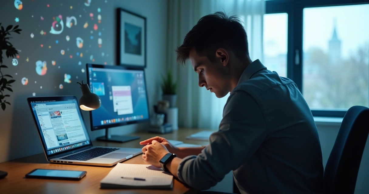 Pessoa em mesa de trabalho cercada por telas e distrações digitais com o olhar desfocado 