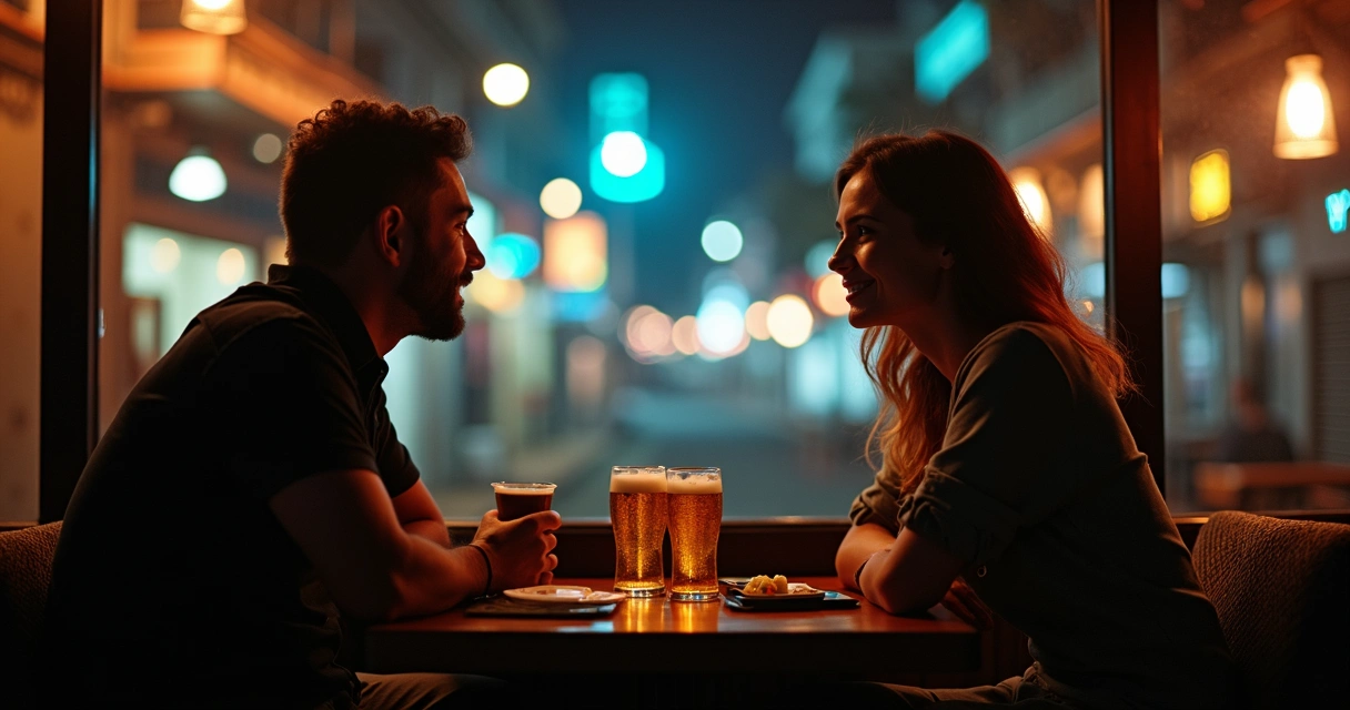 Casal em bar prestando atenção a anúncio em porta-copos sobre a mesa 