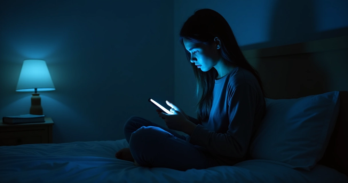Pessoa em sala escura iluminada apenas pela tela do celular 