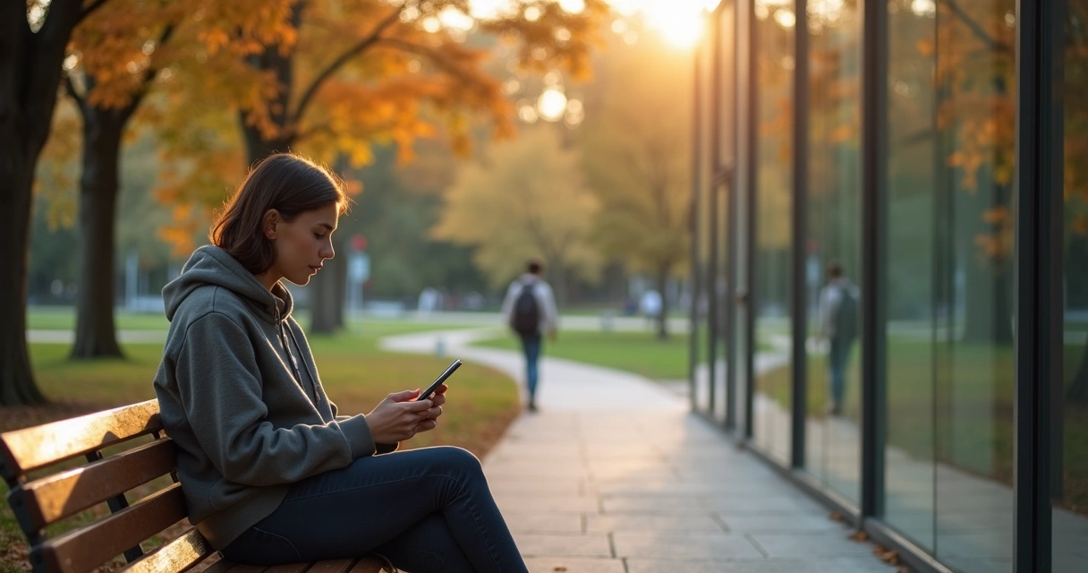 Pessoa sentada em parque olhando o celular com múltiplos reflexos de redes sociais em vitrine 