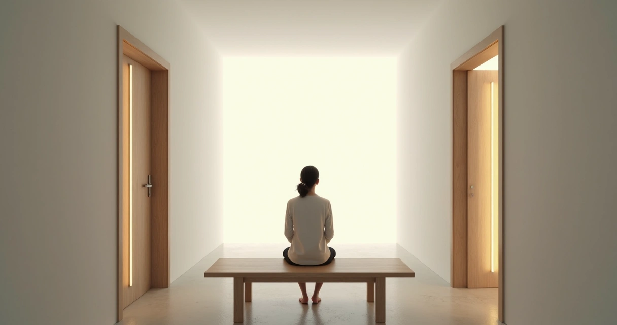 Pessoa sentada em silêncio diante de duas portas, respirando fundo antes de decidir 
