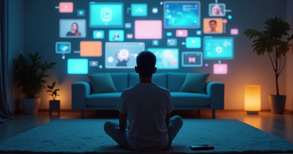 Pessoa em sala escura observando vários monitores coloridos com postura serena 