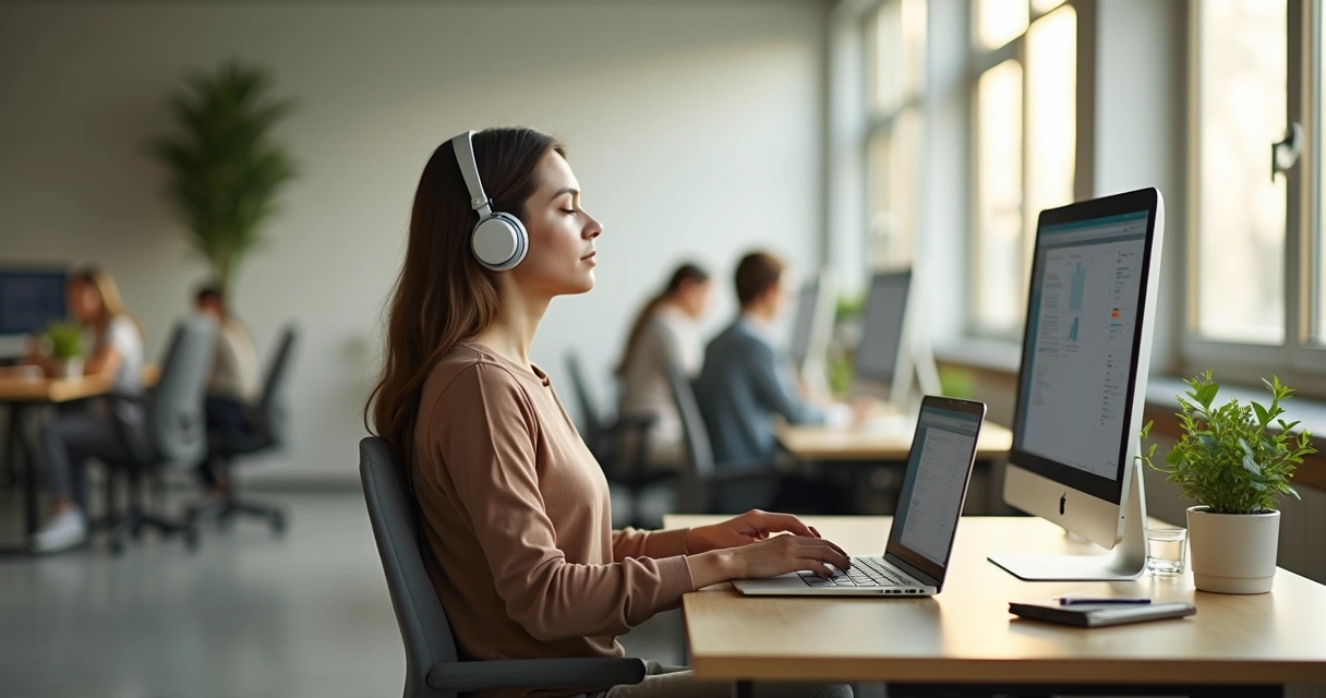 Profissional em escritório praticando atenção plena na frente do computador 