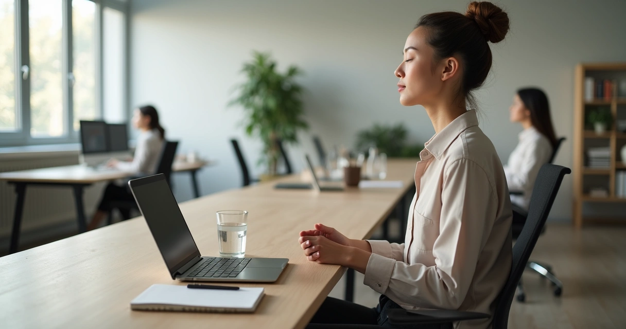 Profissional em escritório praticando atenção plena diante do computador 