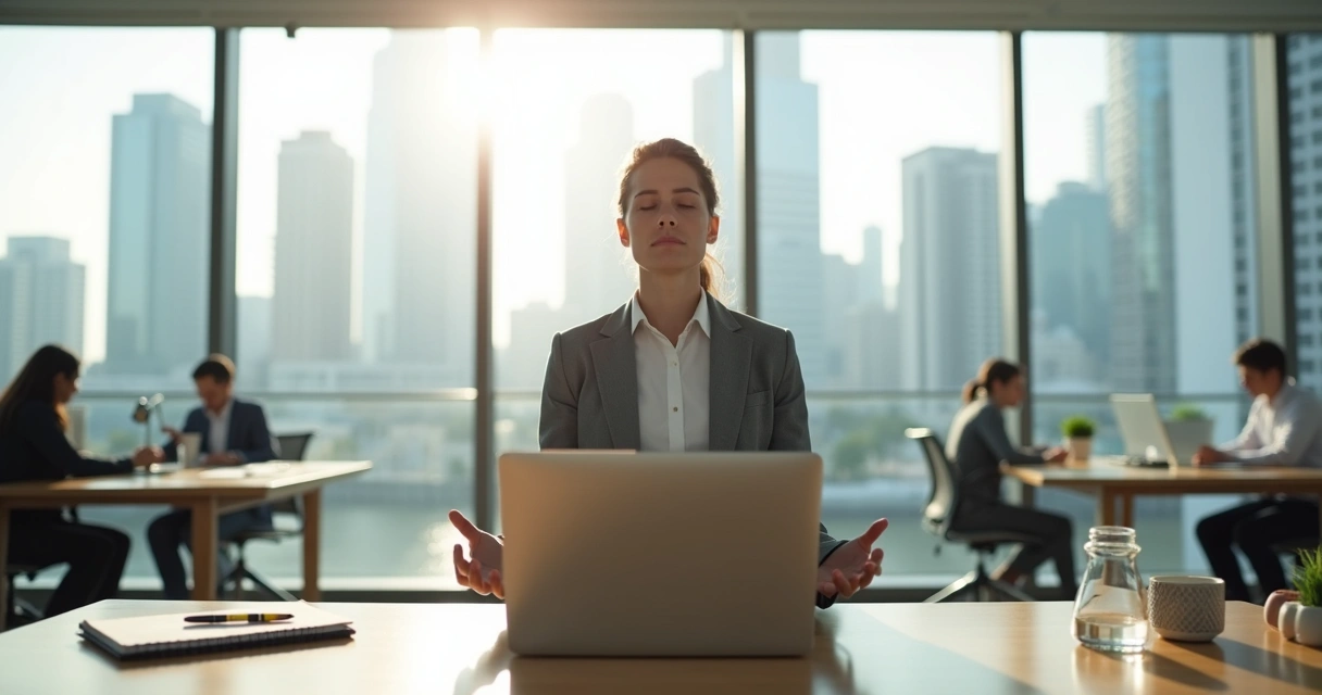 Profissional sentado em postura de meditação em mesa de escritório moderna 