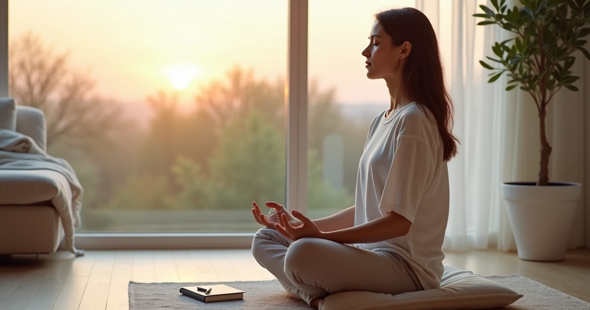 Mulher sentada em posição de meditação perto da janela ao pôr do sol 