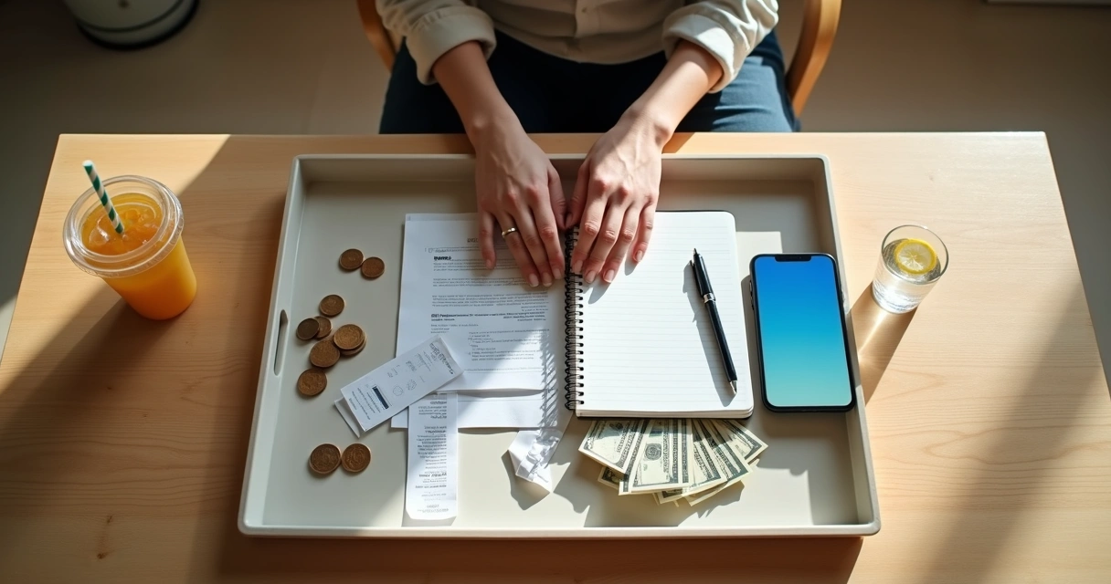 Pessoa organizando finanças com atenção plena em mesa minimalista clara 