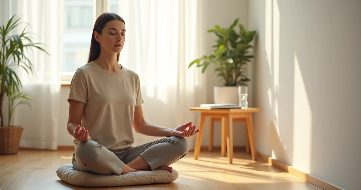 Pessoa sentada em meditação simples em sala iluminada por luz natural 