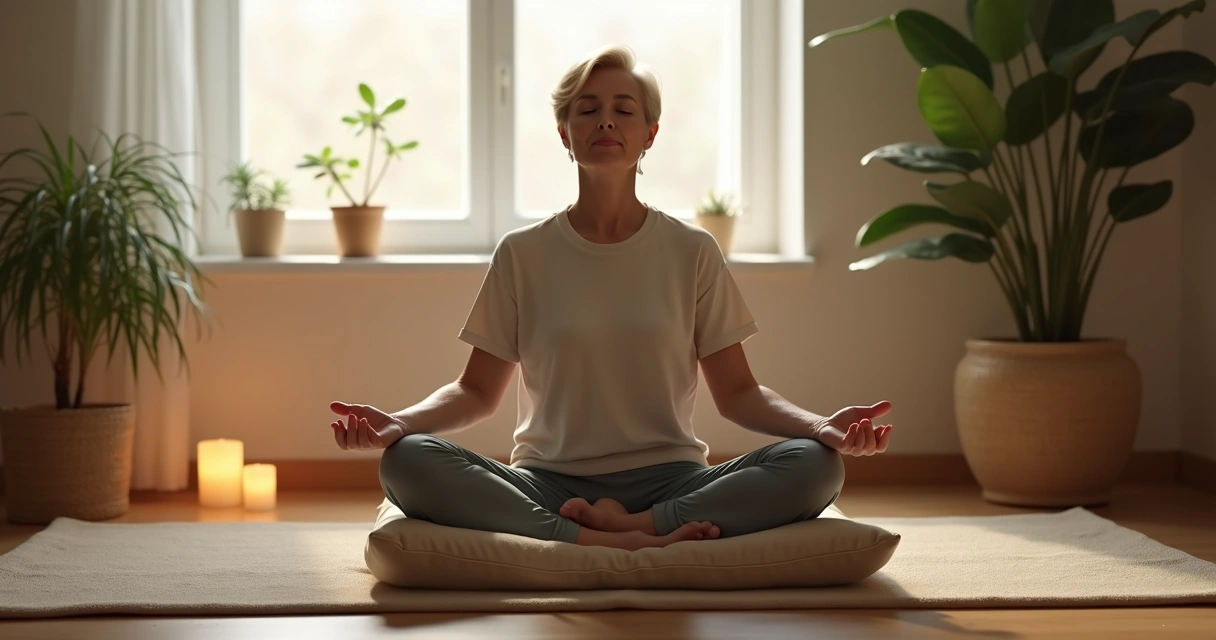 Pessoa sentada em posição de meditação com olhos fechados em ambiente calmo e sereno 