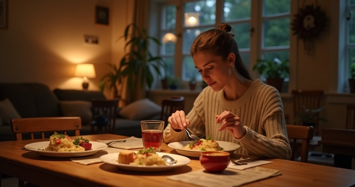 Pessoa sentada à mesa de jantar prestando atenção plena na comida, sem dispositivos à vista 