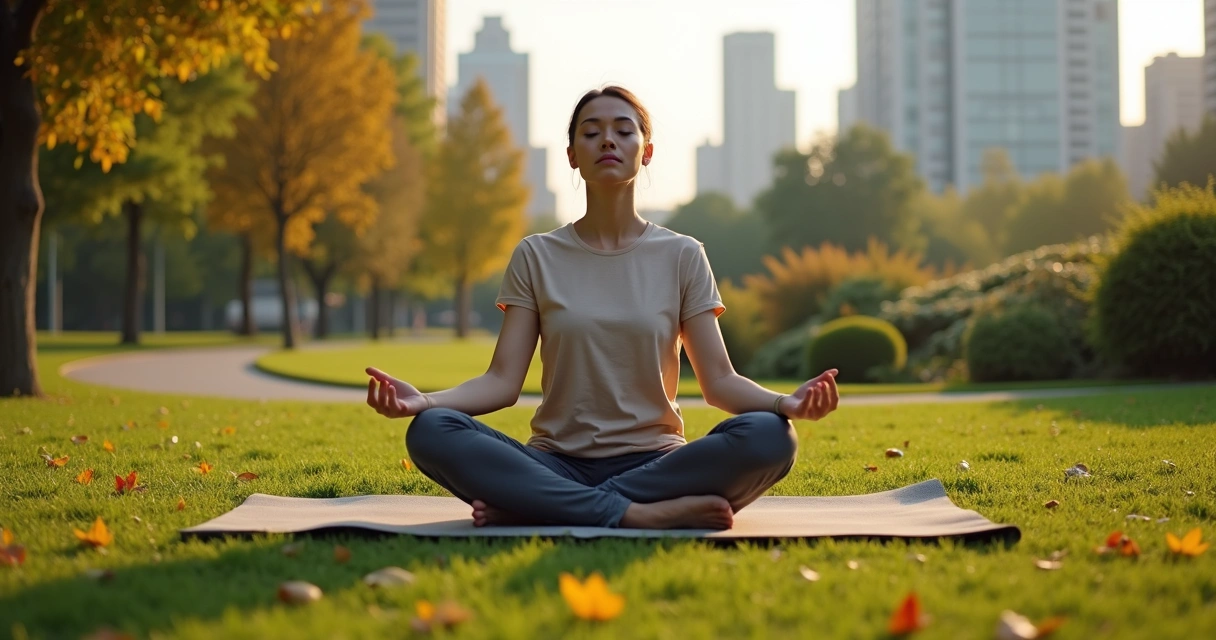 Pessoa sentada em parque urbano meditando em meio à cidade ao fundo 