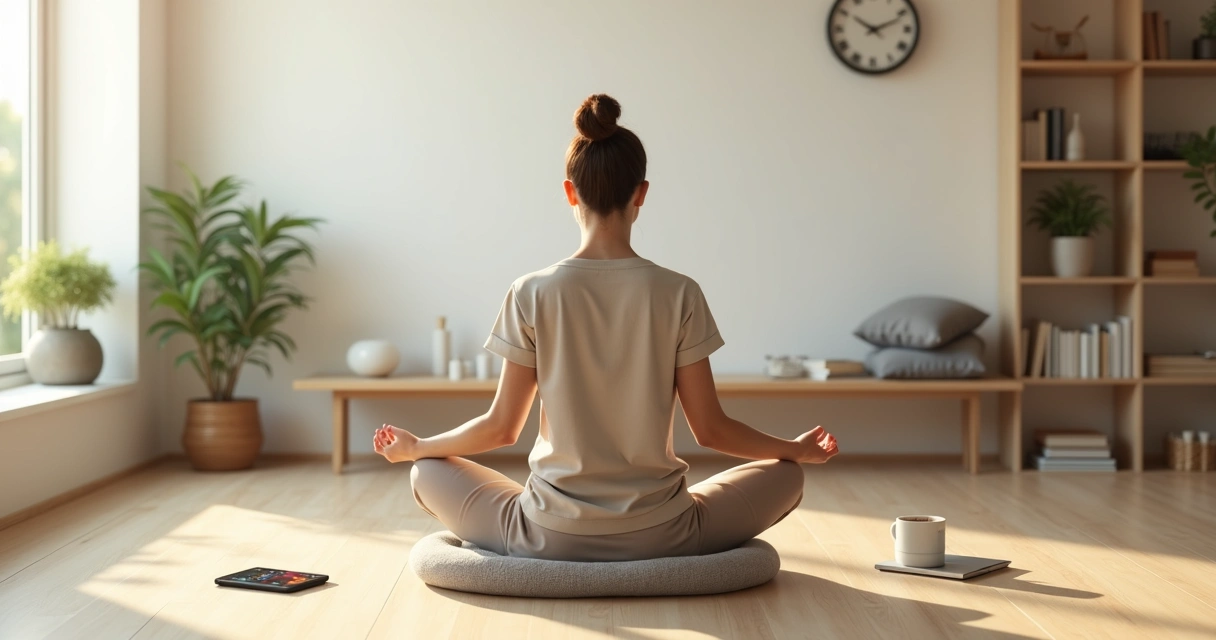 Pessoa sentada em meditação em sala iluminada praticando atenção plena 