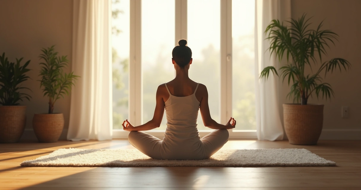 Pessoa sentada em posição de meditação em uma sala com luz suave e elementos de tranquilidade 