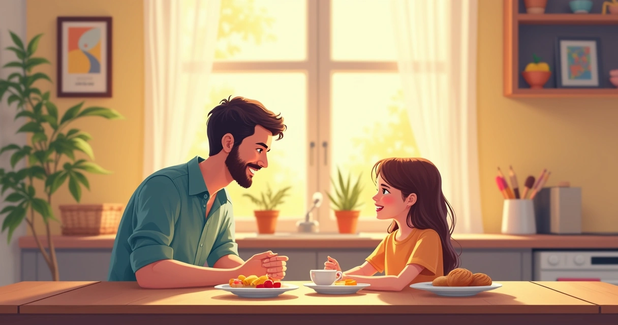 Pai e filha sentados à mesa durante o café da manhã, sorrindo um para o outro, sem nenhum aparelho eletrônico aparente.