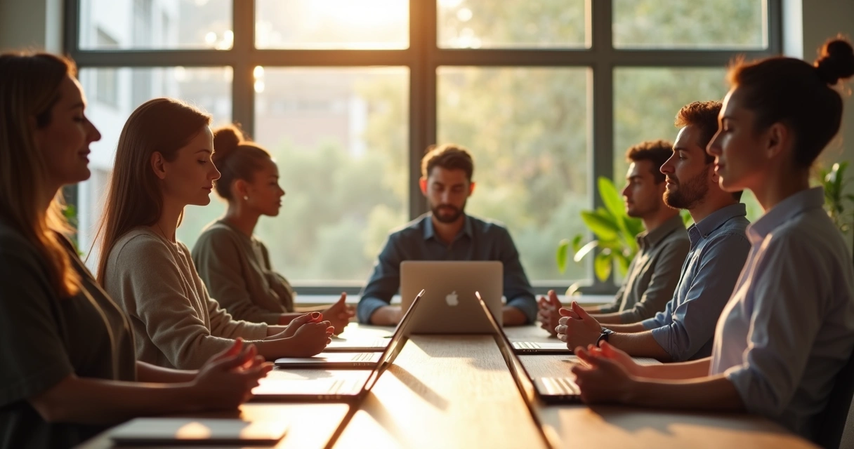 Colaboradores sentados em uma mesa de trabalho praticando mindfulness