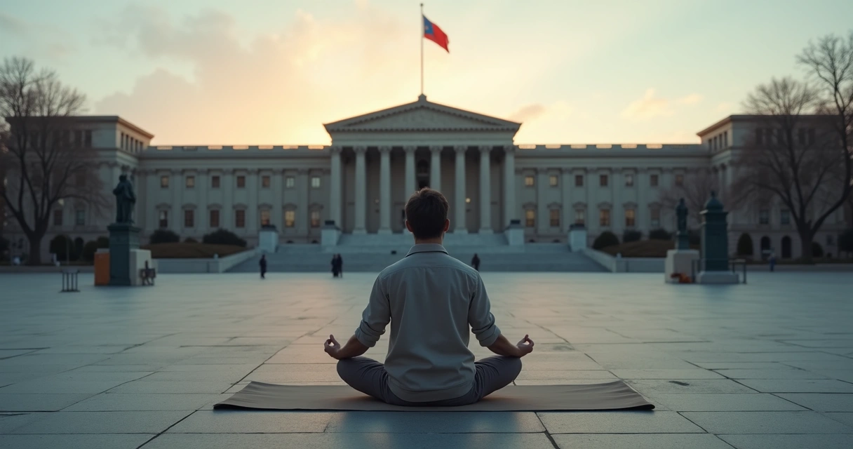 Pessoa meditando em praça em frente ao prédio do governo ao amanhecer 