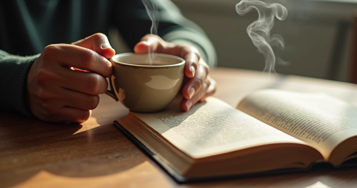 Mãos segurando xícara de chá sobre mesa de madeira com livro ao lado. 