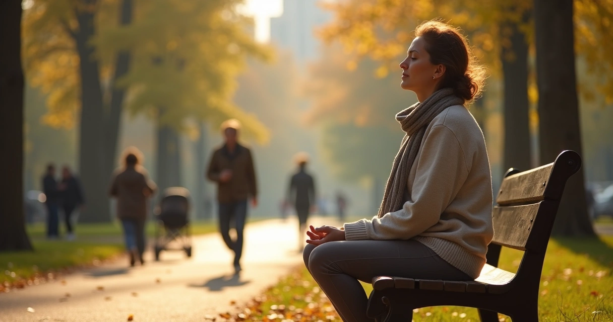 Pessoa praticando atenção plena respirando em parque com pessoas ao redor 