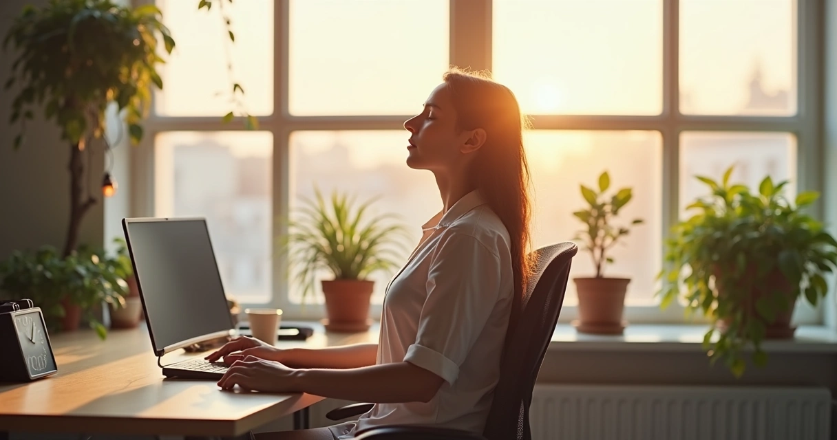 Pessoa focada em respiração consciente no trabalho, ambiente calmo e moderno 