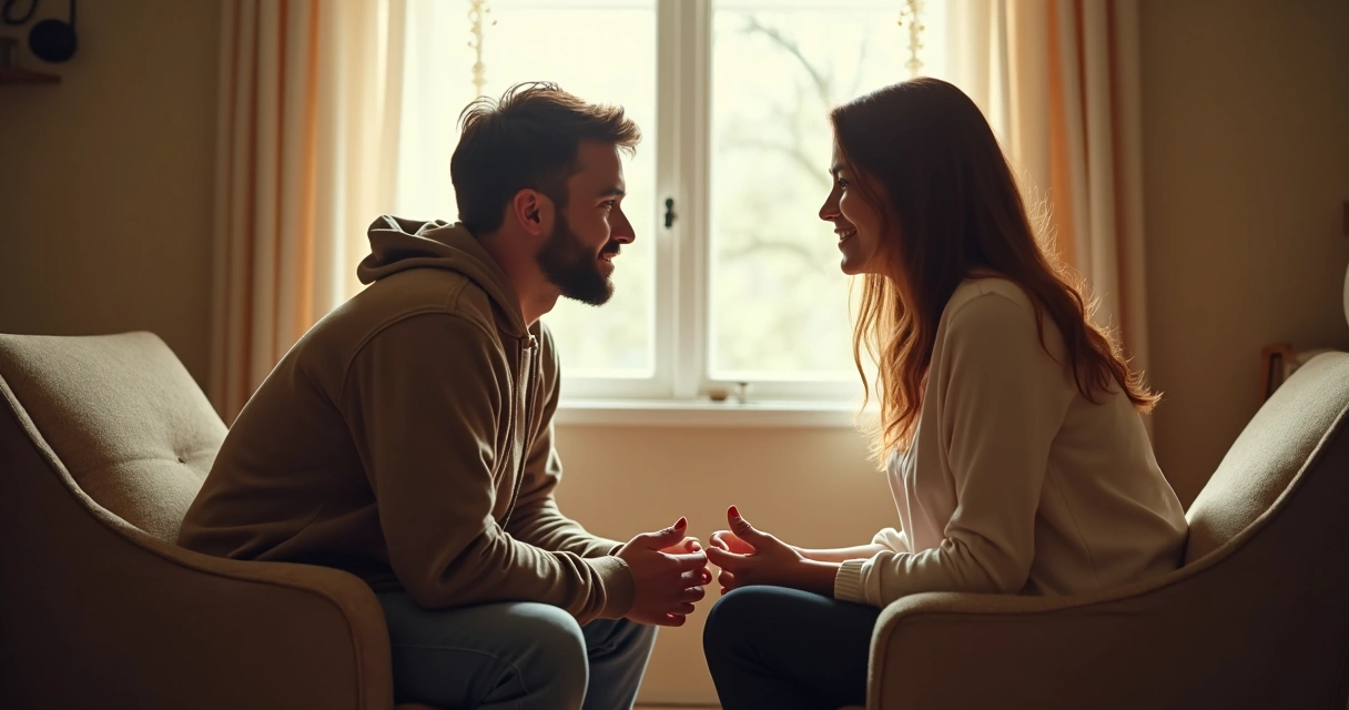Duas pessoas sentadas em círculo trocando olhares atenciosos num ambiente iluminado 