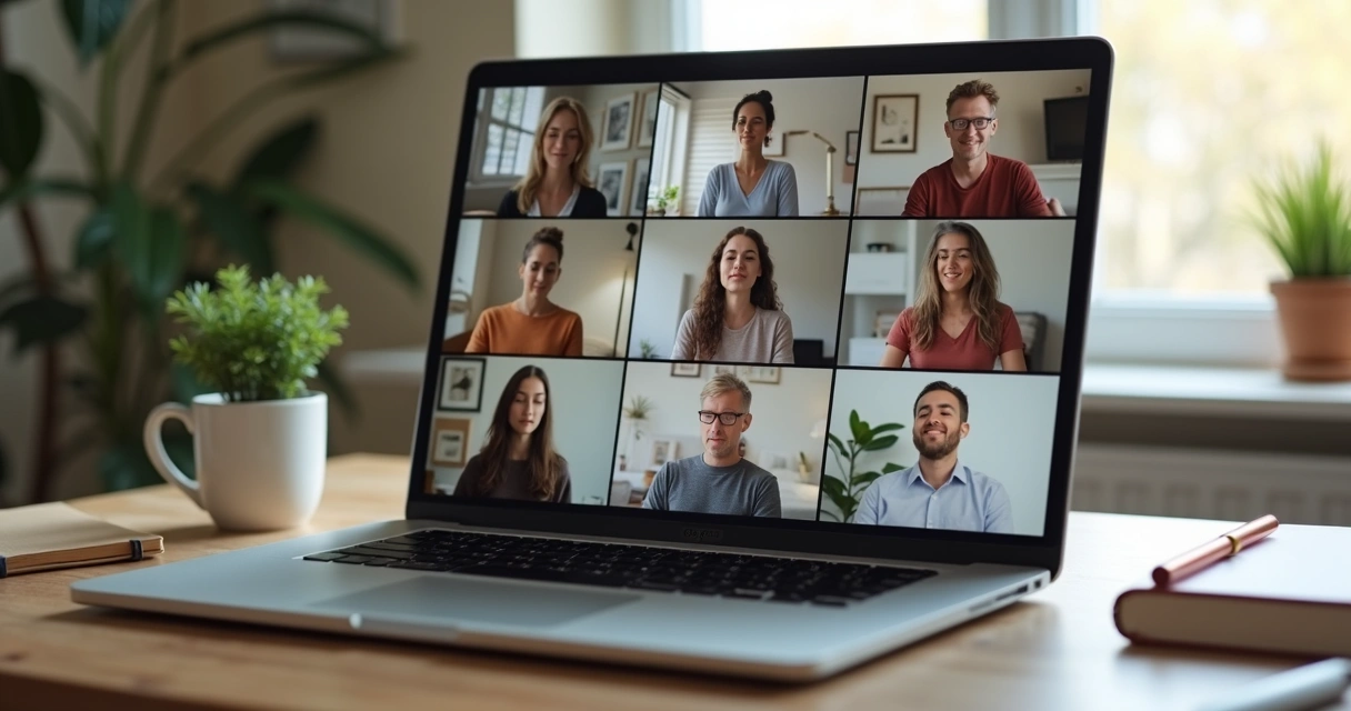 Grupo em videoconferência praticando atenção plena diante dos computadores 