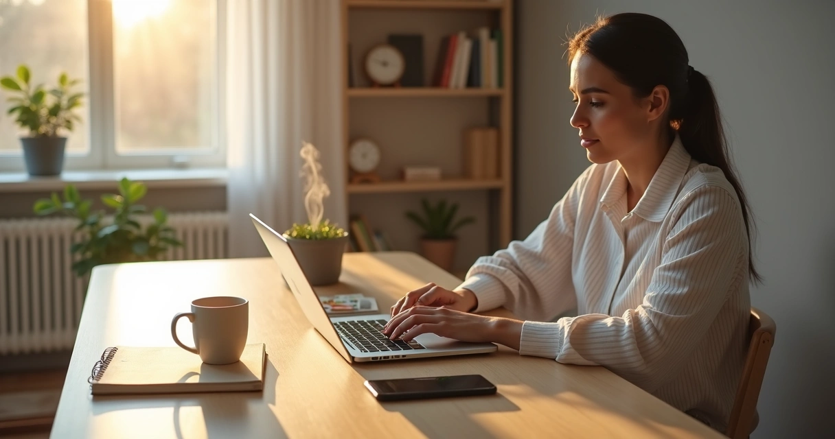 Pessoa em mesa minimalista usando notebook e smartphone com postura atenta e ambiente calmo 