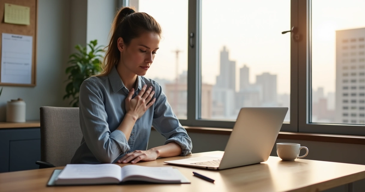 Profissional sentado com calma em frente ao notebook planejando uma transição de carreira consciente 