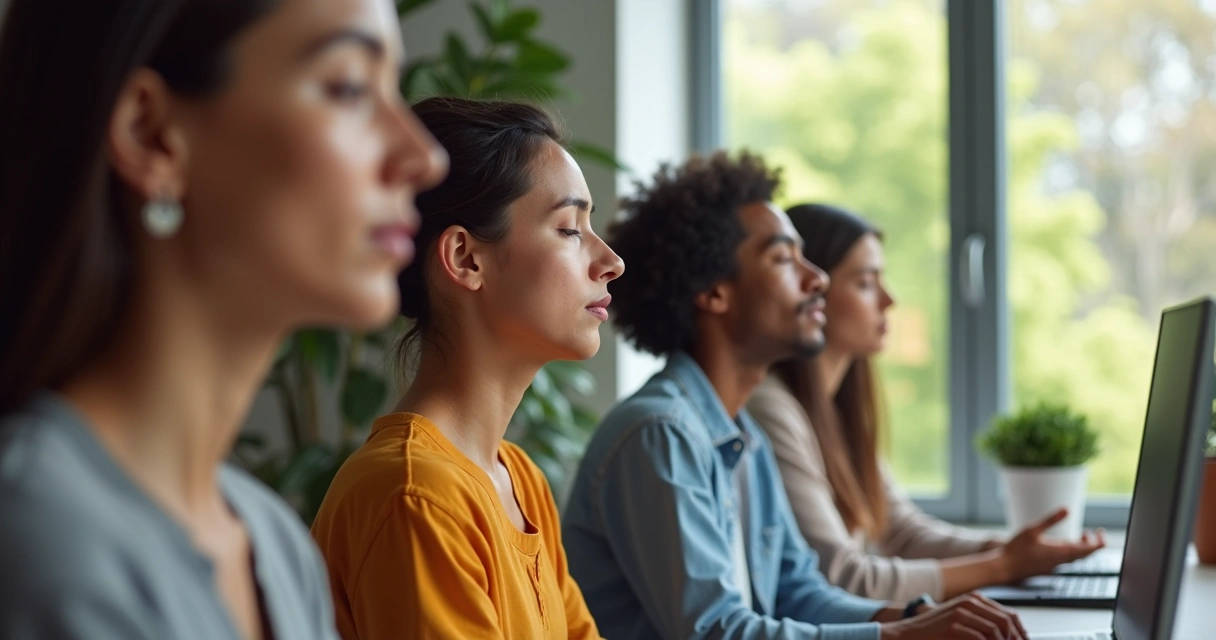 Equipe reunida em videoconferência praticando atenção plena 